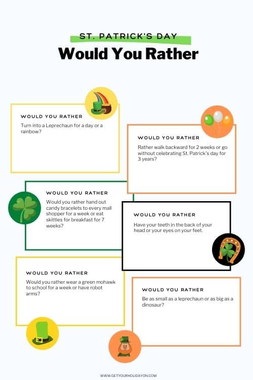 Free printable of the St. Patrick's Would you rather game with questions.