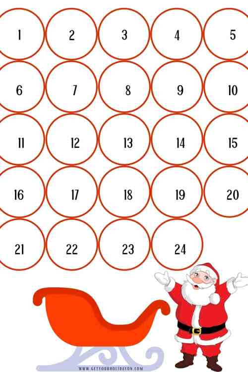 Free printable Santa calendar 1-24 circles to place toys inside.