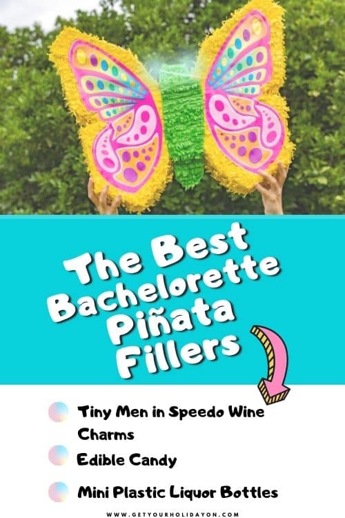 The best bachelorette piñata fillers that include tiny men in speedo wine charms, edible candy, and mini liquor bottles.