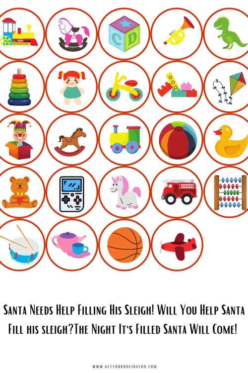 Free printable toys to add to Santa's sleigh print to help his sleigh fly and give children all over the world toys.
