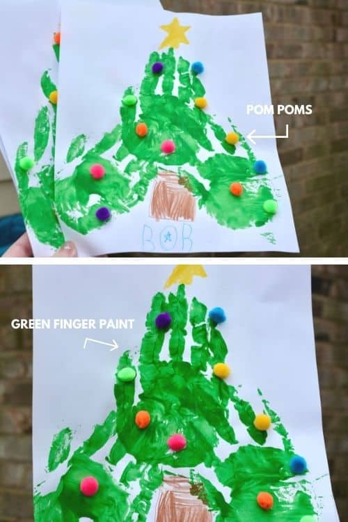 Putting green finger paint on your hands will make prints on the paper for your Christmas tree.