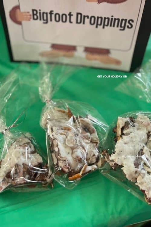Bigfoot droppings put into a cellophane treat bags for display.