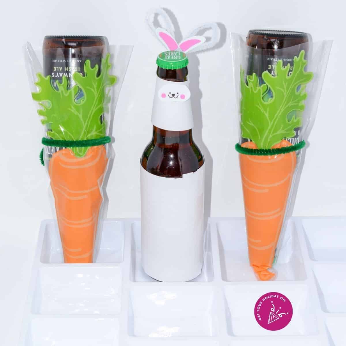 Carrot beer To make the carrot beer. All you need to do is buy carrot bags and turn the beers upside down and put them inside for another way to have a booze Easter egg hunt.