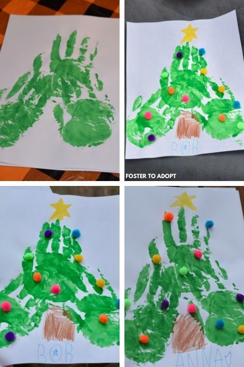 Finger print Christmas tree with decorations.