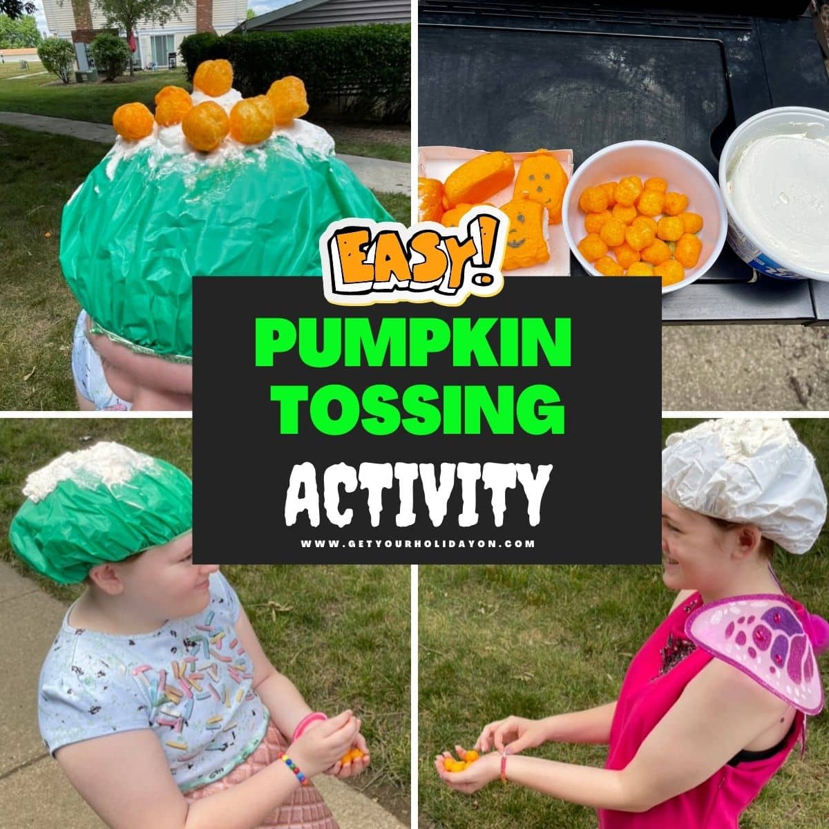 pumpkin tossing Halloween games for kids that involve tossing pumpkins in a fun activity to play.