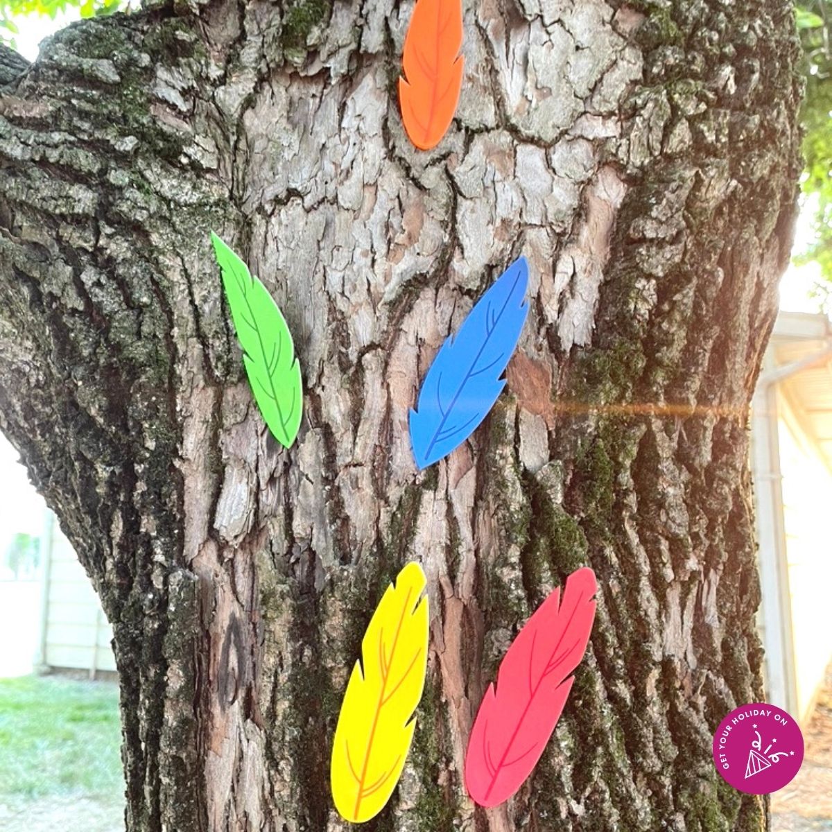 Turkey Feather party game When the whistle blows, everyone will run to a tree and grab a feather. The host will then announce which feather color won the game.