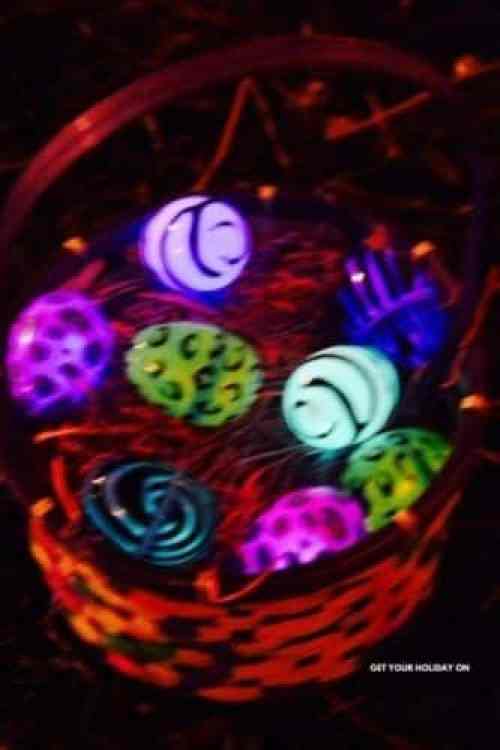 Glowing eggs that light up in the dark for an Easter egg challenge for adults.