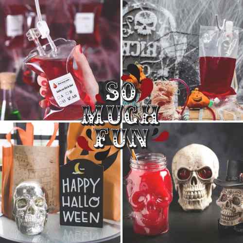 Halloween themed drinks for adults blood bags, bloody shots, alcohol drinks for adults that are Halloween themed