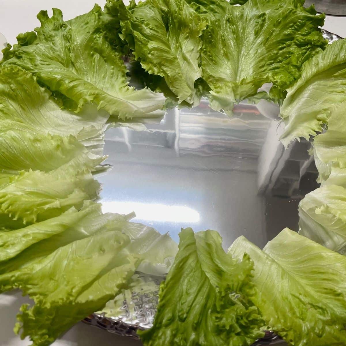 bee fruit tray The first step is putting the leaf lettuce down for the bee fruit tray.