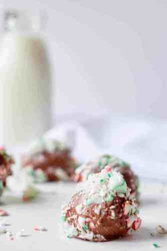 peppermint hot chocolate bombs sweetened condensed milk, chocolate chips, hot chocolate powder, peppermint extract, and peppermint candies.