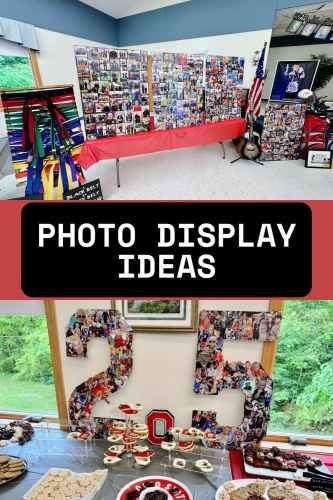 Large cardboard cutouts of the numbers “2” and “5” covered with a collage of colorful photos capturing special memories from childhood to graduation.