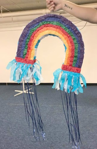Easily assemble a regular pinata like this rainbow into a pull string pinata.