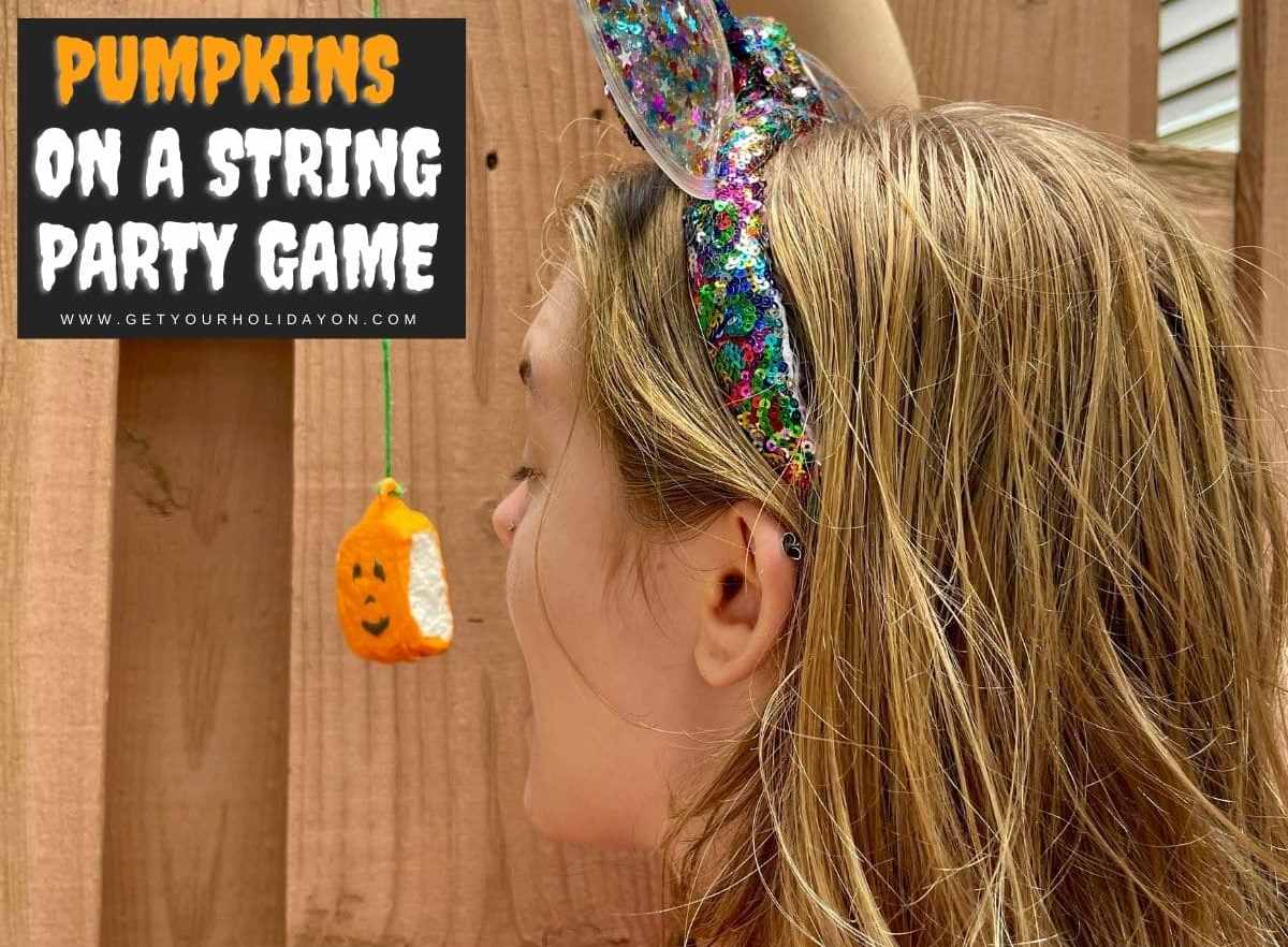 halloween party games Easy halloween party activity called pumpkins on a string party game where players race to see who eats a pumpkin peep off of a string the fastest. #pumpkin #pumpkins #halloweengames