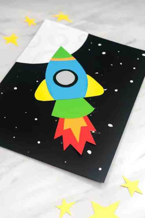 Rocket flying in outer space with the moon on the background and stars around.