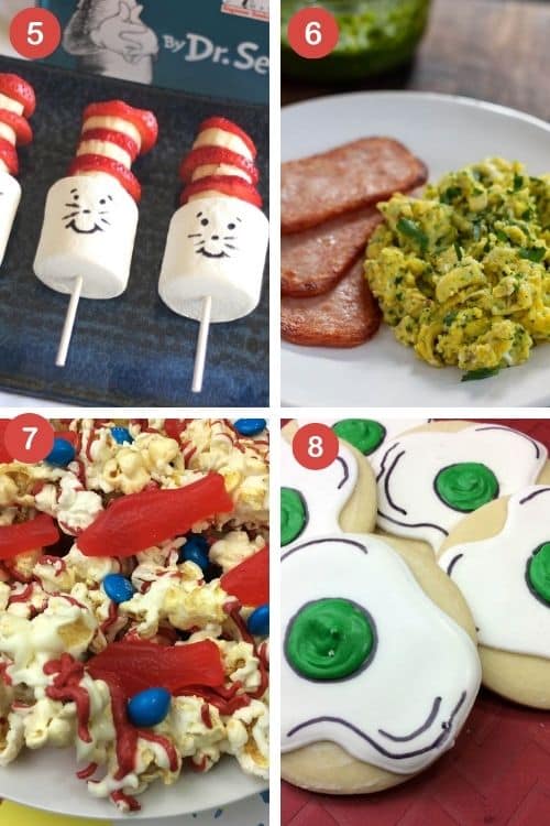 Seuss celebration ideas with cat and that snack recipes, green eggs and spam, candy popcorn recipe, and green eggs and ham cookies for kids.