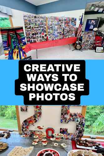 A graduation timeline photo display featuring a series of framed photos arranged from early childhood to senior year, decorated with string lights and school-colored ribbons.