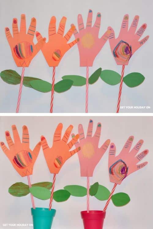 paper craft flowers bouquet with handprints from kids.