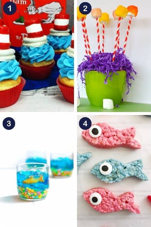 celebrating dr Seuss's birthday with snack items like cat in the hat cupcakes, marshmallow pops, mini jello fish bowls, and one fish to fish rice krispie treats.