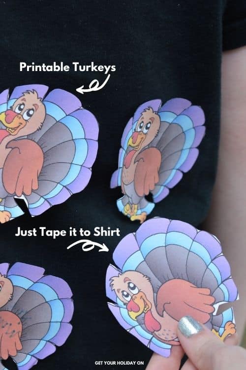 What the game looks like with the printable turkeys on the back and needing to be tapped to the shirt.
