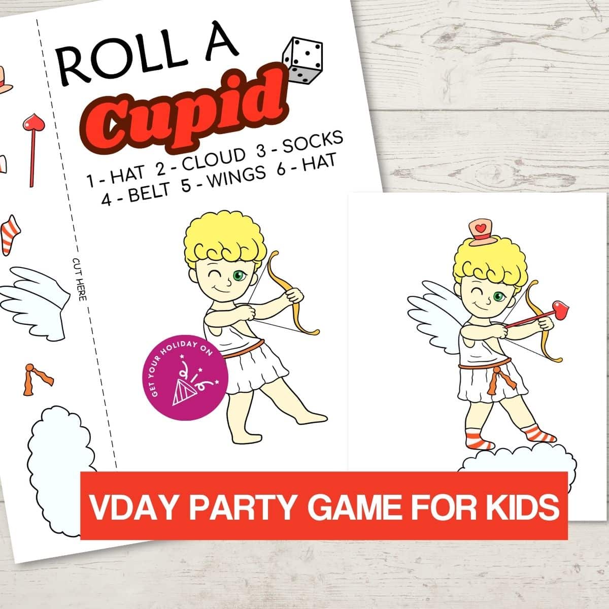 VDAY party game for kids roll a cupid dice game