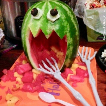 Now That's How You Make A Not So Scary Monster! The reality of making and taking this watermelon monster to your Halloween party is genius! This not so scary edible monster will sure be the hit that everyone is looking for when they grab their food.