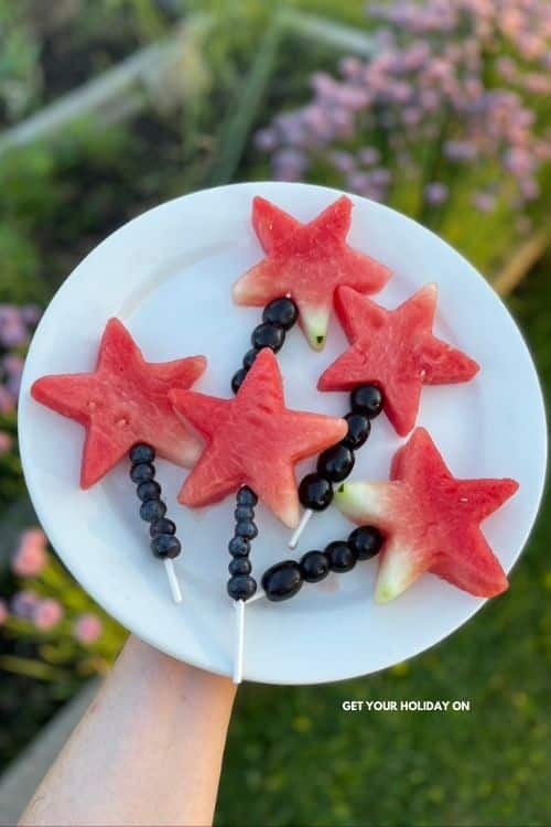 watermelon star wand This magic wand fruit pop turned into a watermelon star wand is a fun party food idea.