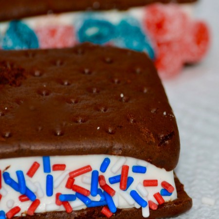 Easy to make red, white, and blue ice cream bars. Just dip store bought ice cream sandwiches in red, white, and blue sprinkles or Sour Punch Bites. The kids go goofy over these delicious treats!!! This is a great idea for an easy and quick snack on the fourth of July.