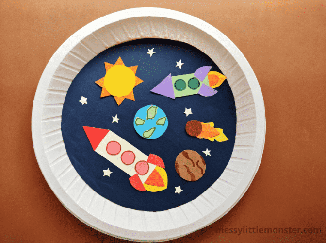 paper plate with space rockets, earth, the moon and sun on it.